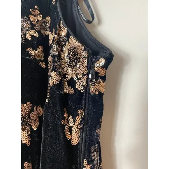 NWT CALVIN KLEIN DRESS BLACK GOLD SEQUINS VELVET COCKTAIL PARTY WEDDING  GUEST